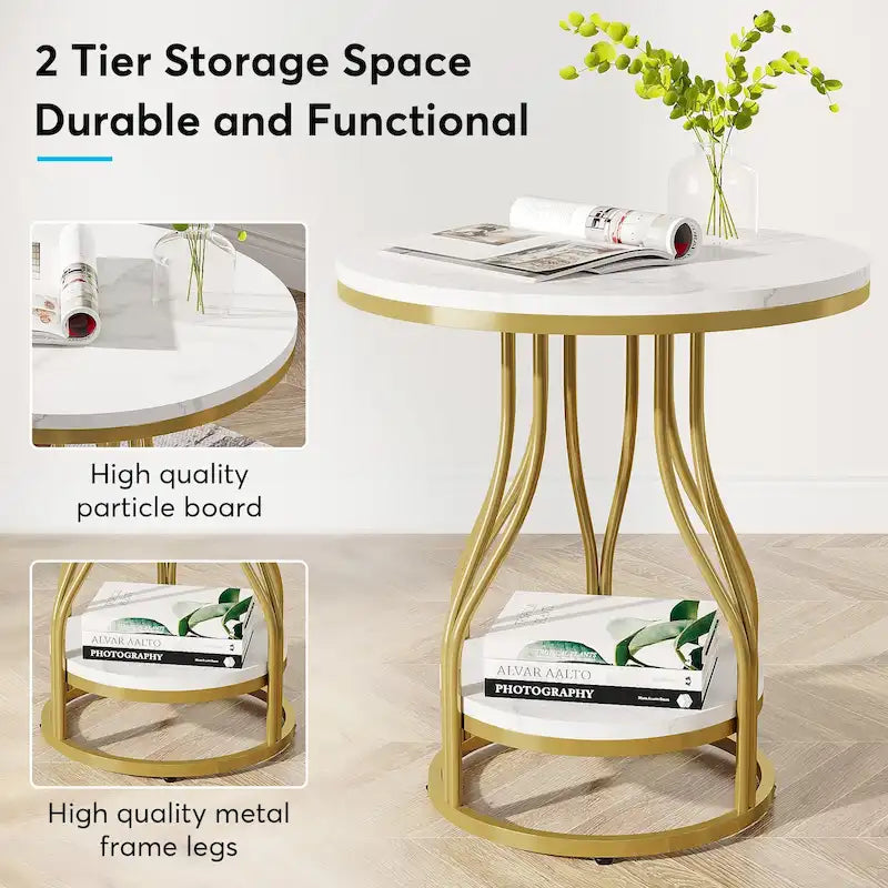 2-Tier Faux Marble Round End Side Table with Stylish Metal Frame,Modern Simple Bedside Nightstand Accent Tables