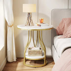 2-Tier Faux Marble Round End Side Table with Stylish Metal Frame,Modern Simple Bedside Nightstand Accent Tables