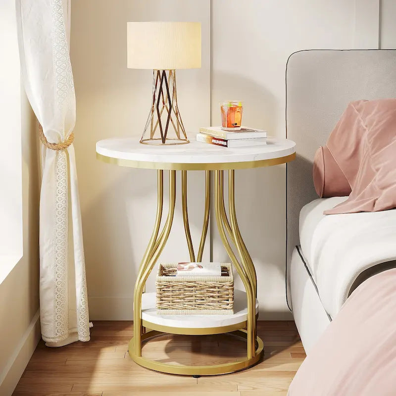 2-Tier Faux Marble Round End Side Table with Stylish Metal Frame,Modern Simple Bedside Nightstand Accent Tables