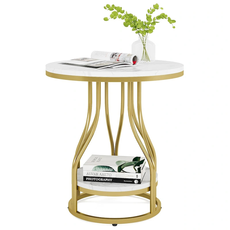 2-Tier Faux Marble Round End Side Table with Stylish Metal Frame,Modern Simple Bedside Nightstand Accent Tables