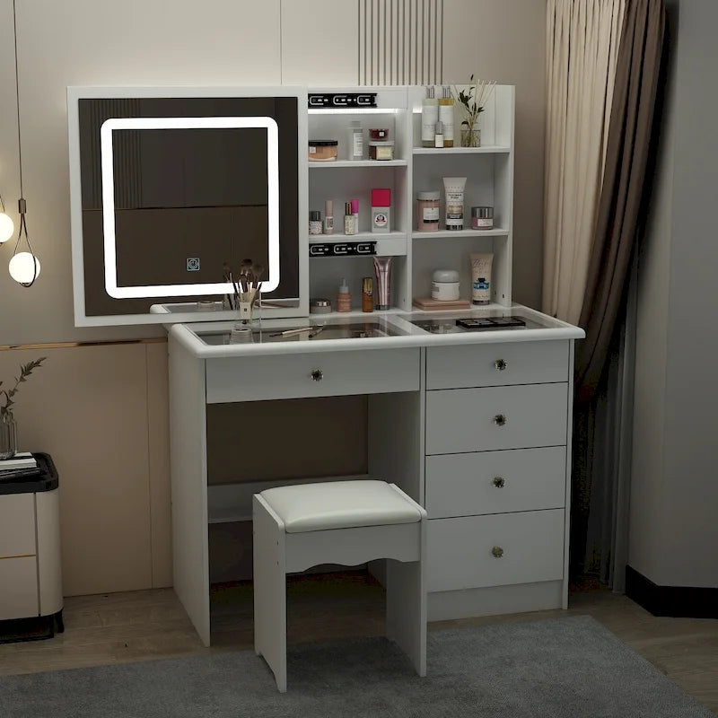 Elegant Makeup Vanity Crystal Accent Lighting Mirror Glass Top Dresser