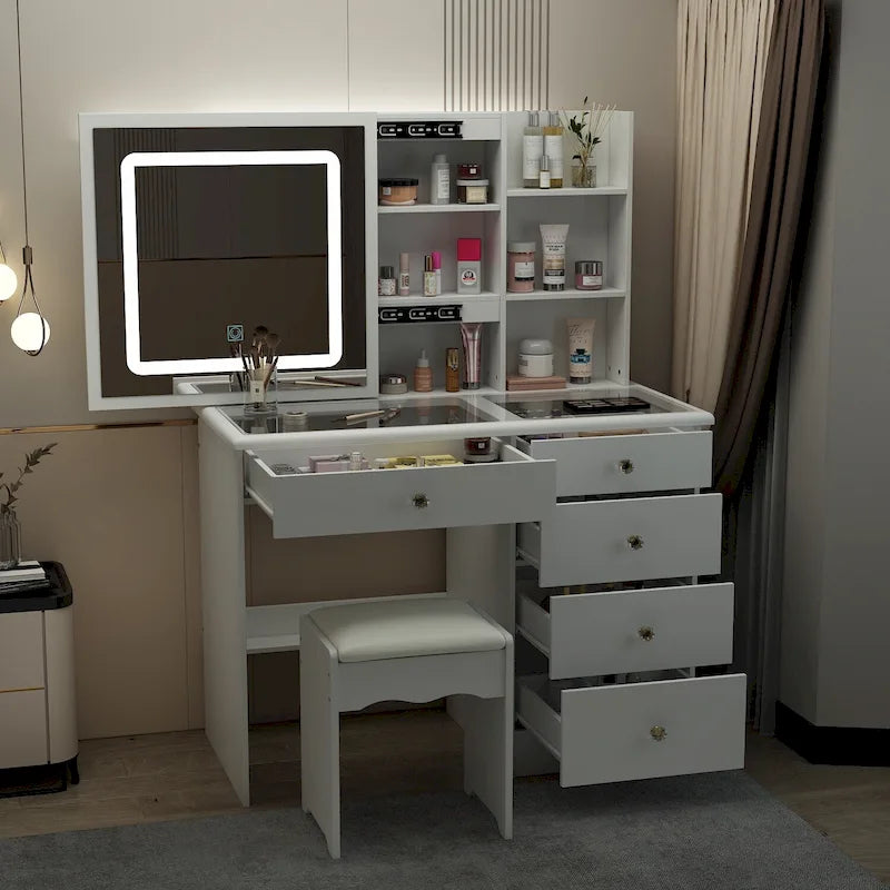 Elegant Makeup Vanity Crystal Accent Lighting Mirror Glass Top Dresser