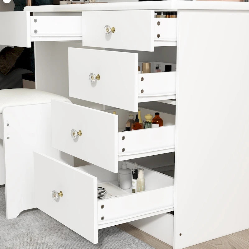 Elegant Makeup Vanity Crystal Accent Lighting Mirror Glass Top Dresser