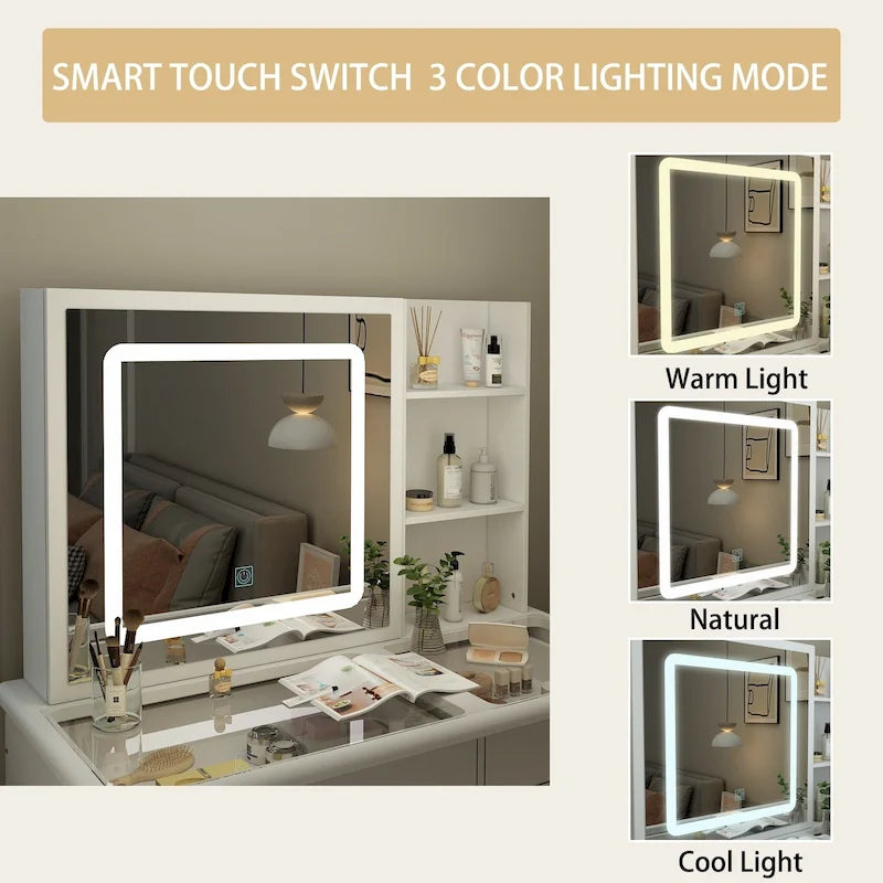 Elegant Makeup Vanity Crystal Accent Lighting Mirror Glass Top Dresser