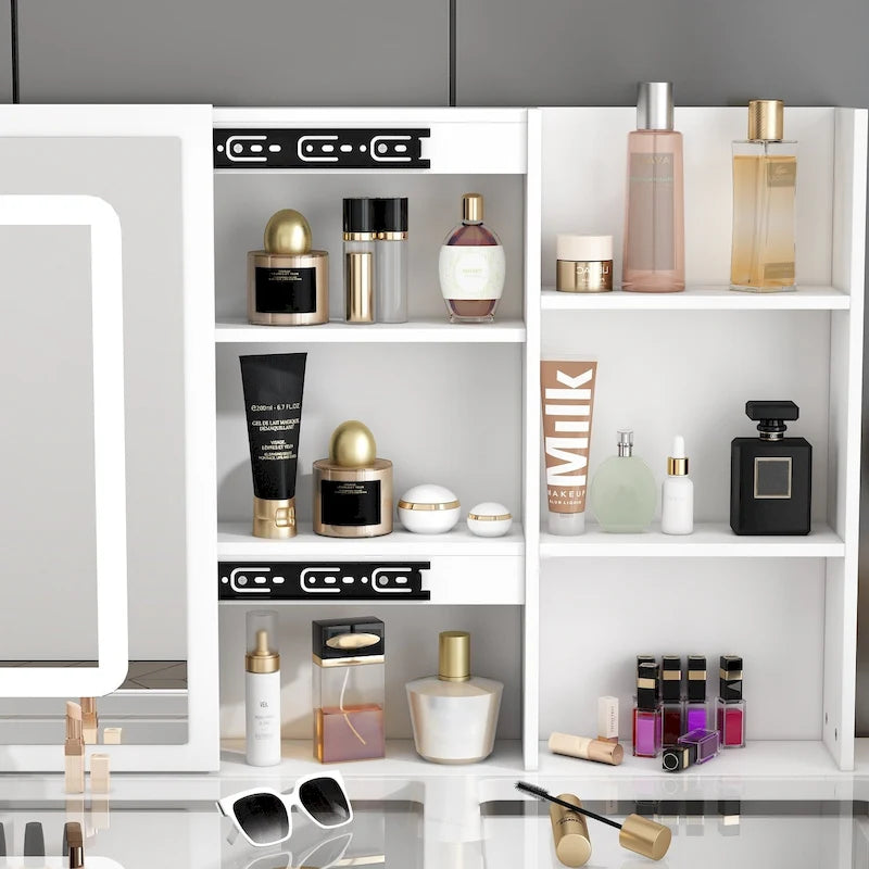 Elegant Makeup Vanity Crystal Accent Lighting Mirror Glass Top Dresser