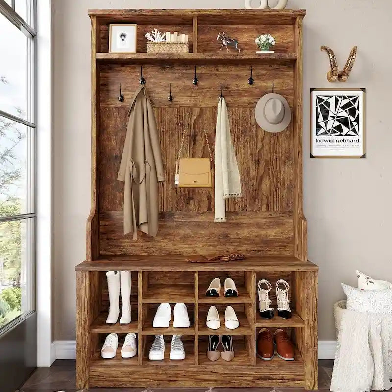 Hall Tree Storage Bench 3-in-1 Entryway Bench Coat Rack