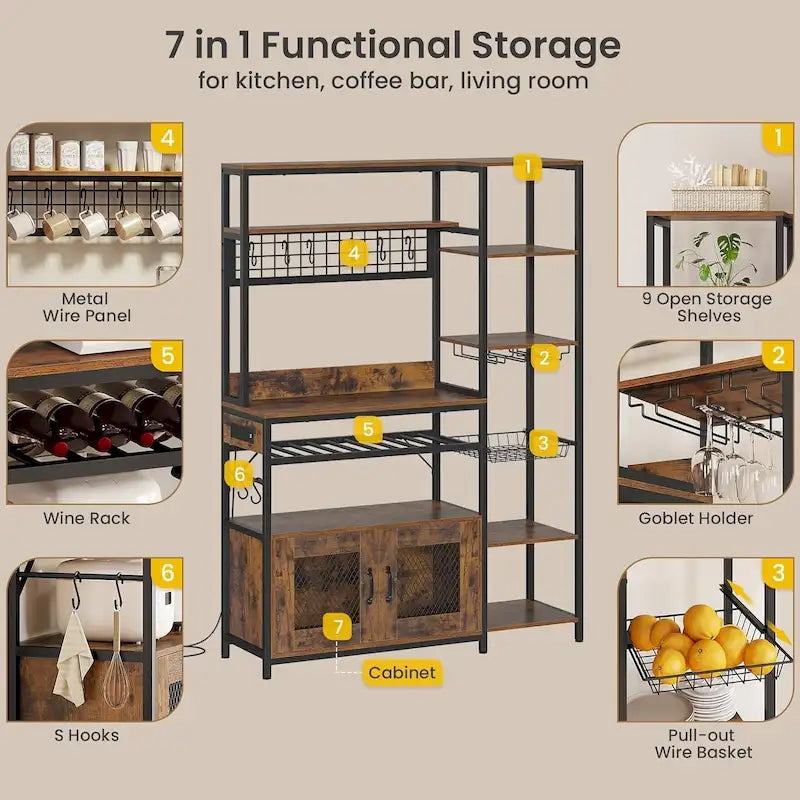 47.2 in Bakers Rack with Power Outlet Coffee Bar with Cabinet