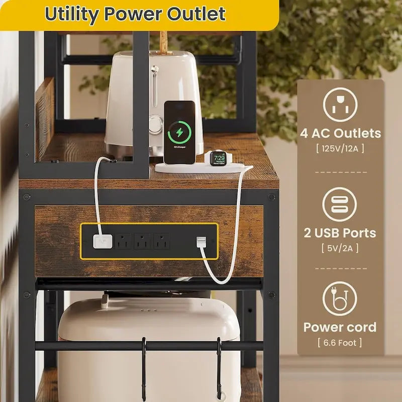 47.2 in Bakers Rack with Power Outlet Coffee Bar with Cabinet