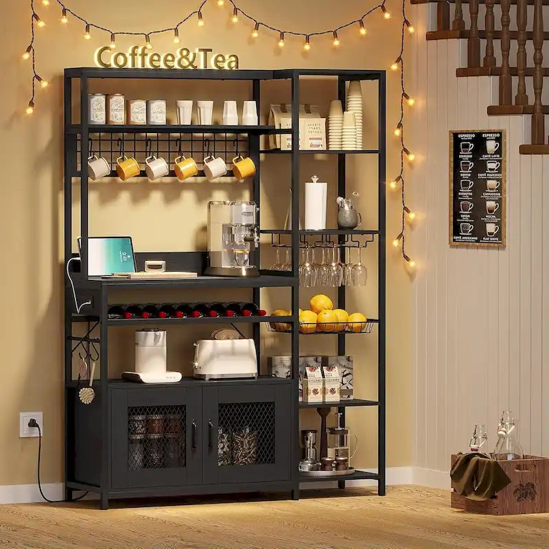 47.2 in Bakers Rack with Power Outlet Coffee Bar with Cabinet