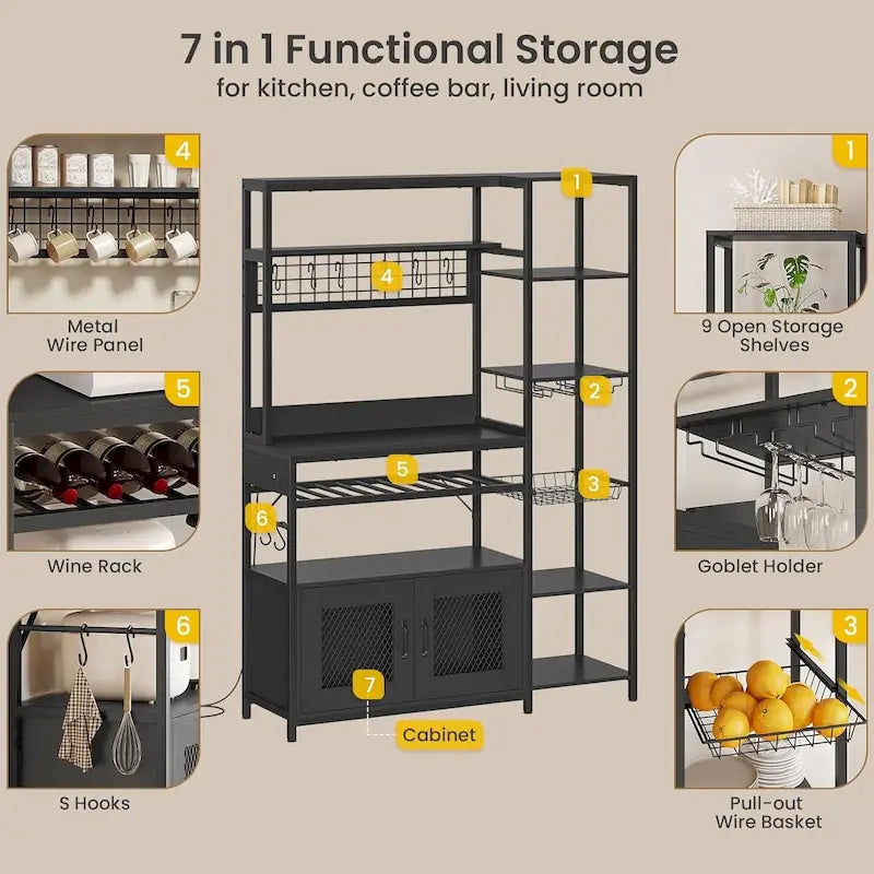 47.2 in Bakers Rack with Power Outlet Coffee Bar with Cabinet