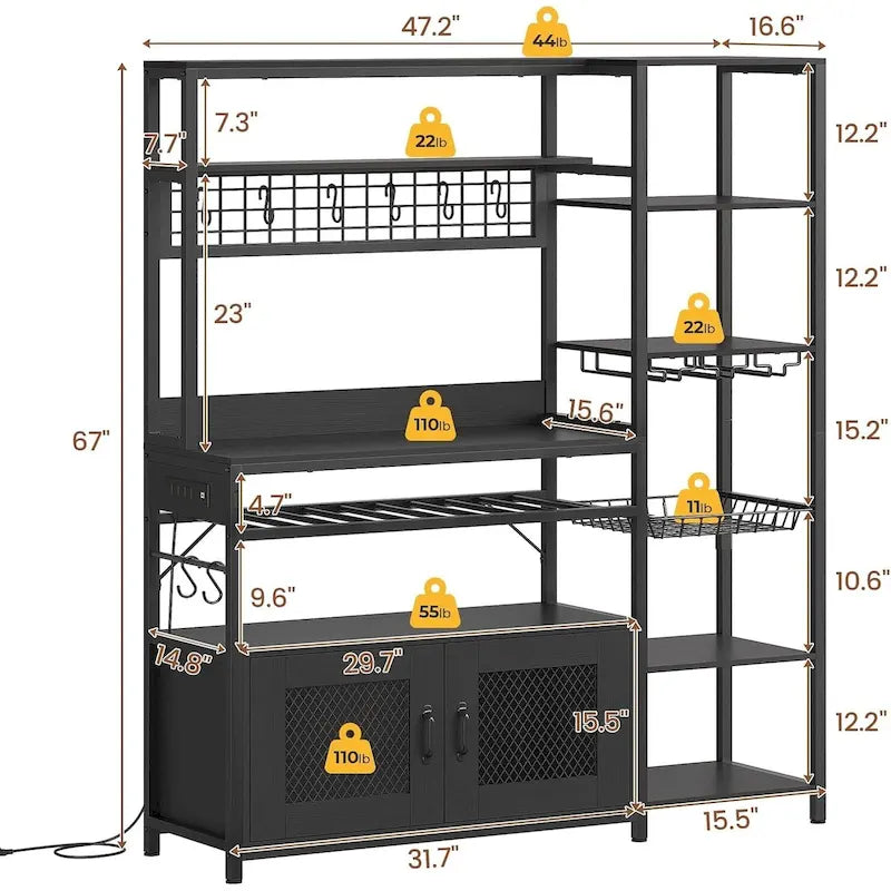 47.2 in Bakers Rack with Power Outlet Coffee Bar with Cabinet