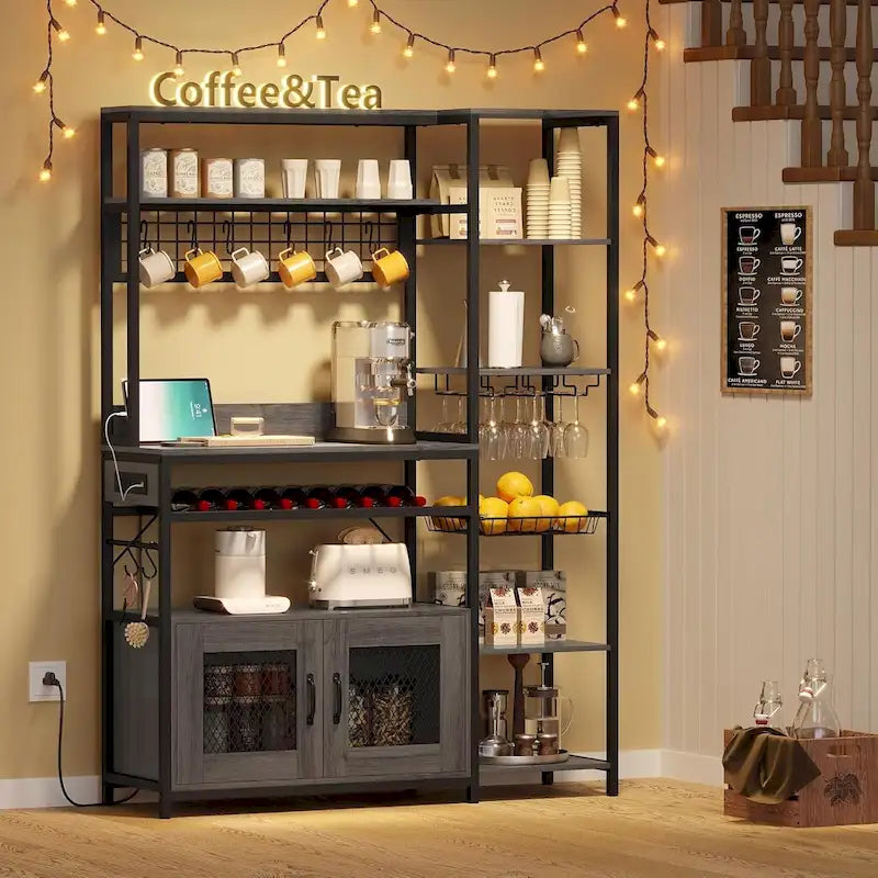 47.2 in Bakers Rack with Power Outlet Coffee Bar with Cabinet