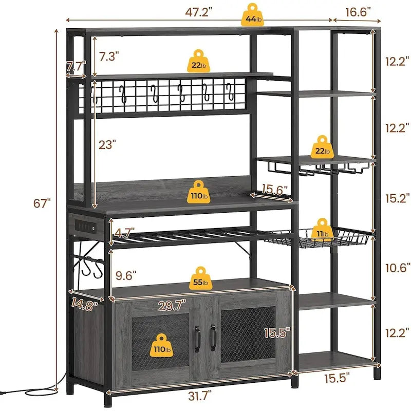 47.2 in Bakers Rack with Power Outlet Coffee Bar with Cabinet