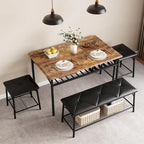 Dining Table Set for 4, Kitchen Table Set with Upholstered Bench and Square Stools