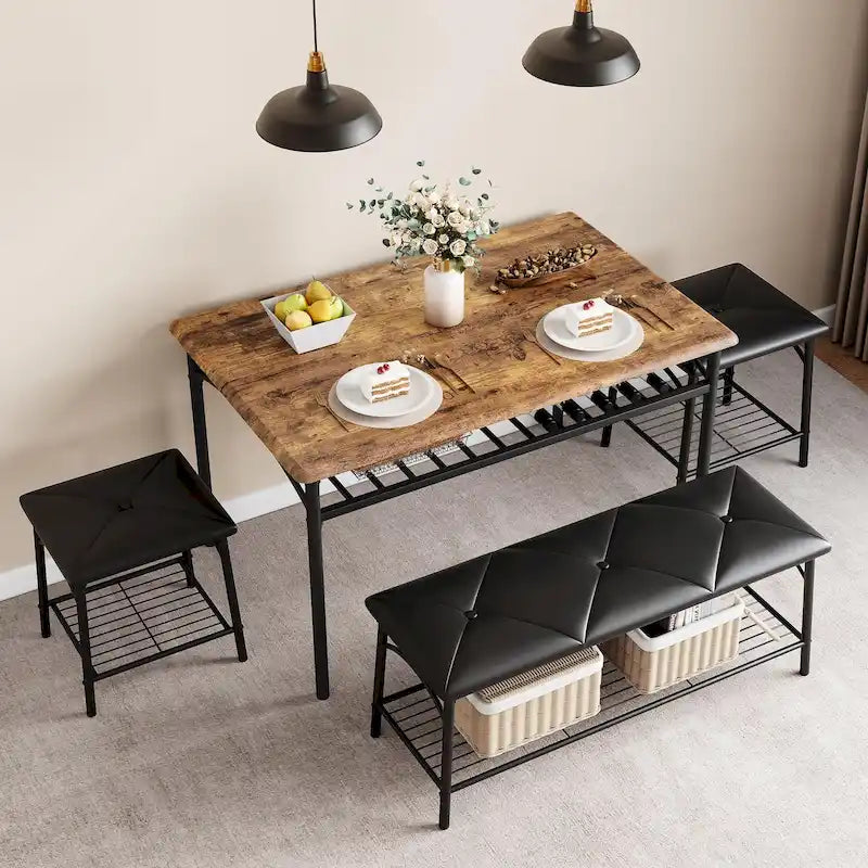 Dining Table Set for 4, Kitchen Table Set with Upholstered Bench and Square Stools