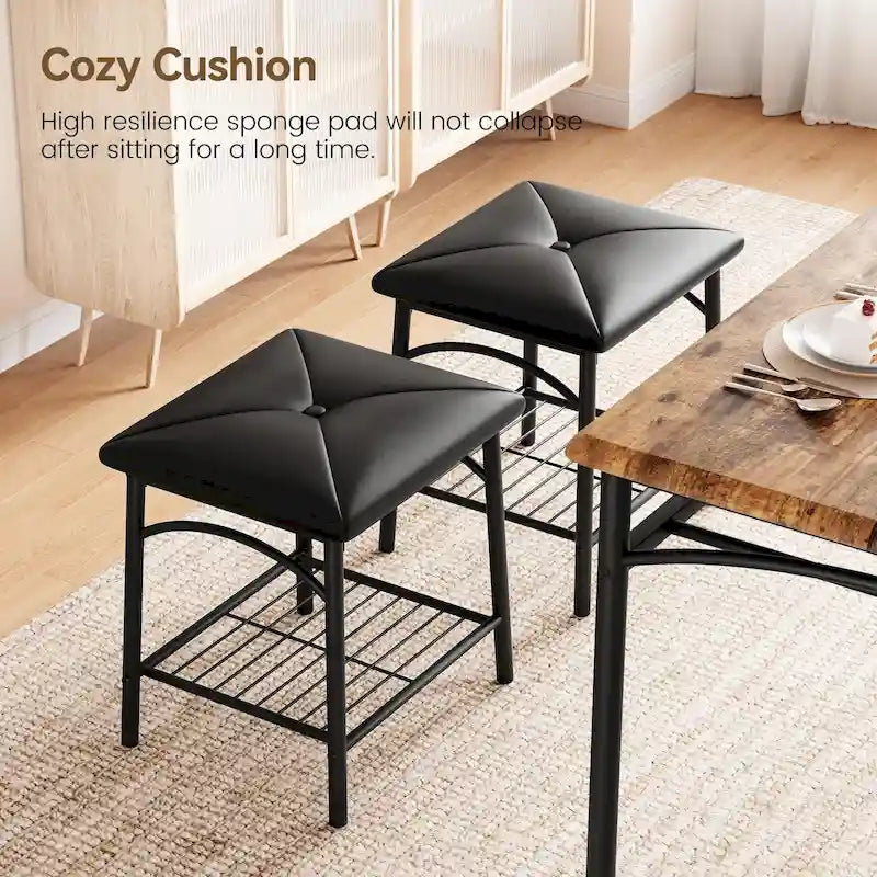 Dining Table Set for 4, Kitchen Table Set with Upholstered Bench and Square Stools