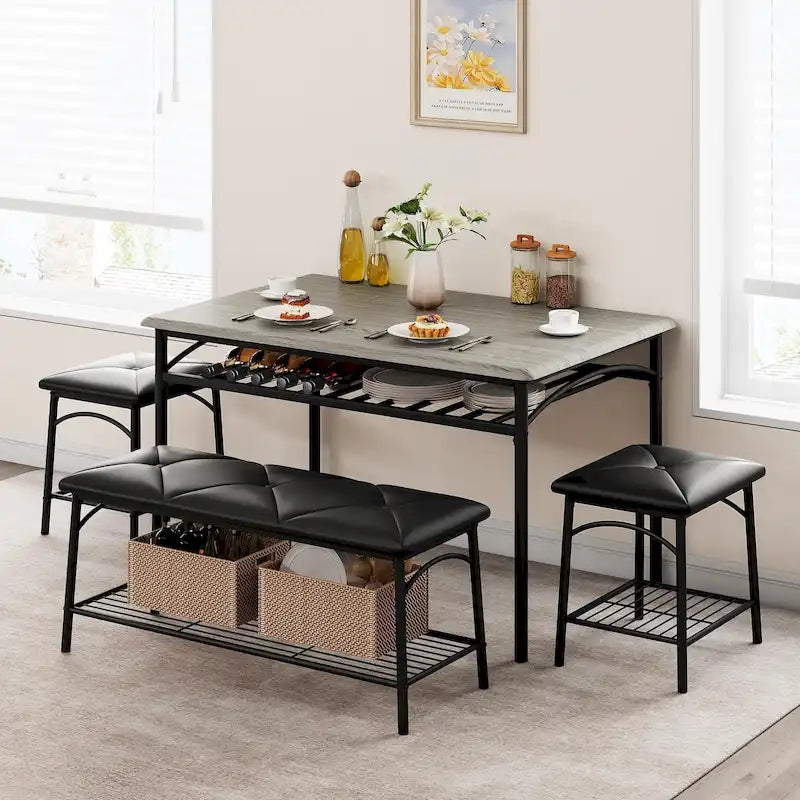 Dining Table Set for 4, Kitchen Table Set with Upholstered Bench and Square Stools