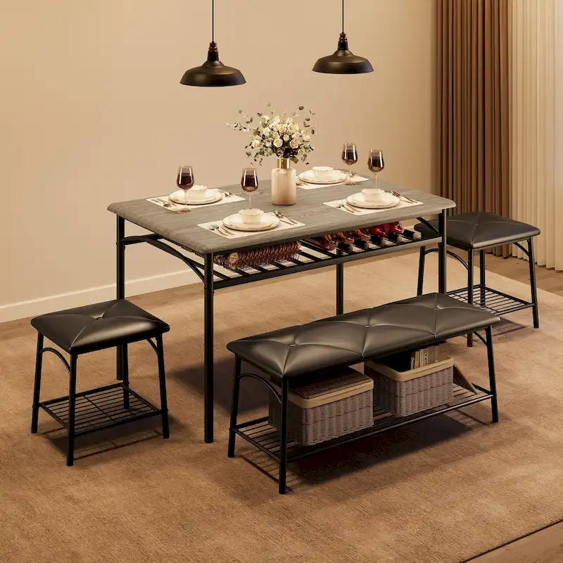 Dining Table Set for 4, Kitchen Table Set with Upholstered Bench and Square Stools