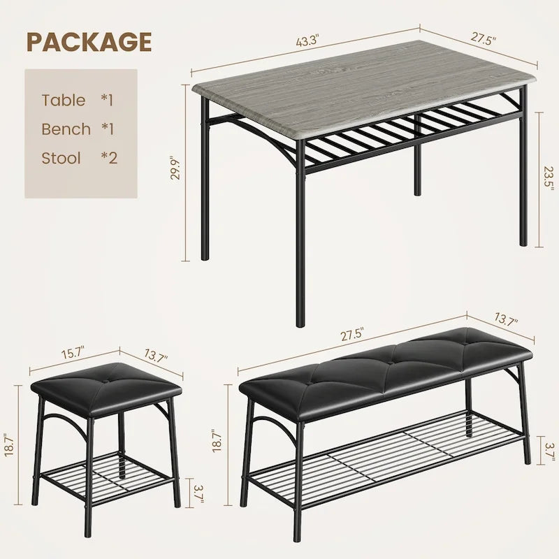 Dining Table Set for 4, Kitchen Table Set with Upholstered Bench and Square Stools