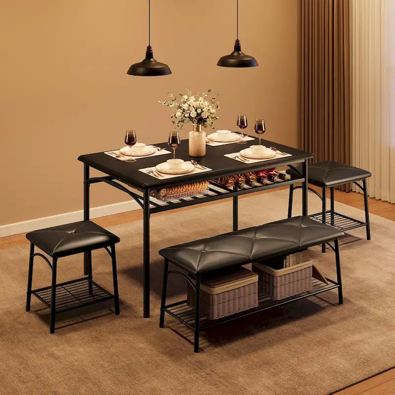 Dining Table Set for 4, Kitchen Table Set with Upholstered Bench and Square Stools