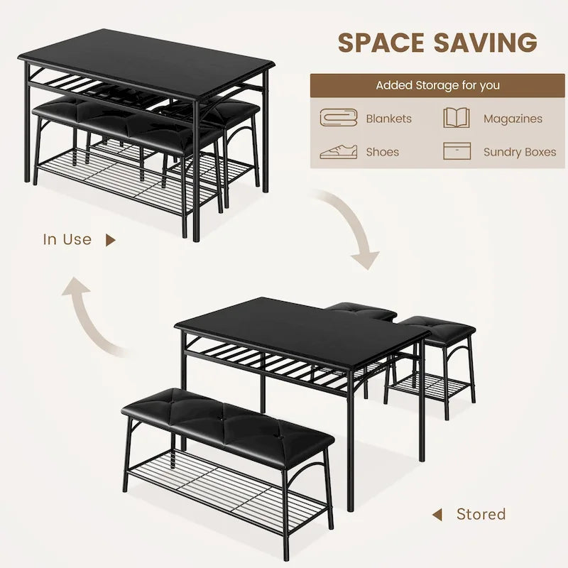 Dining Table Set for 4, Kitchen Table Set with Upholstered Bench and Square Stools
