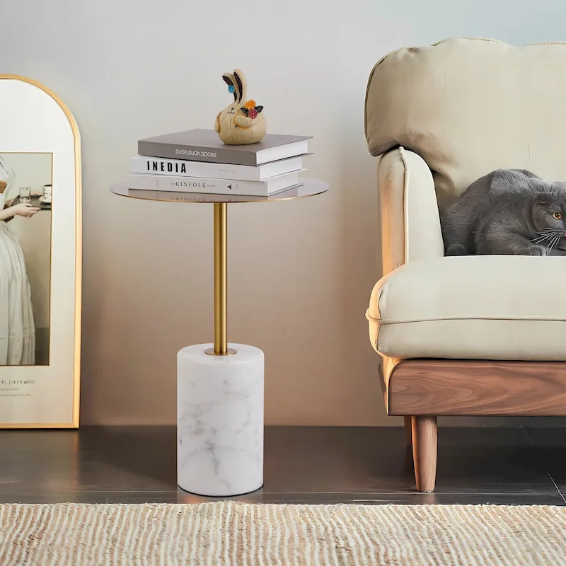 Round End Table with Marble Base, Circular Accent Living Room or Bedside Side Table