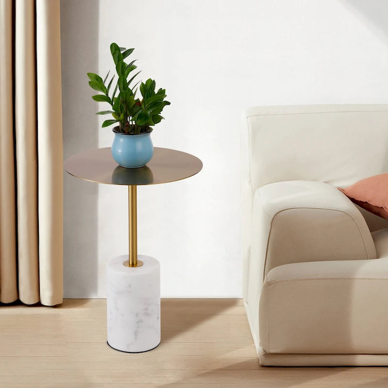 Round End Table with Marble Base, Circular Accent Living Room or Bedside Side Table