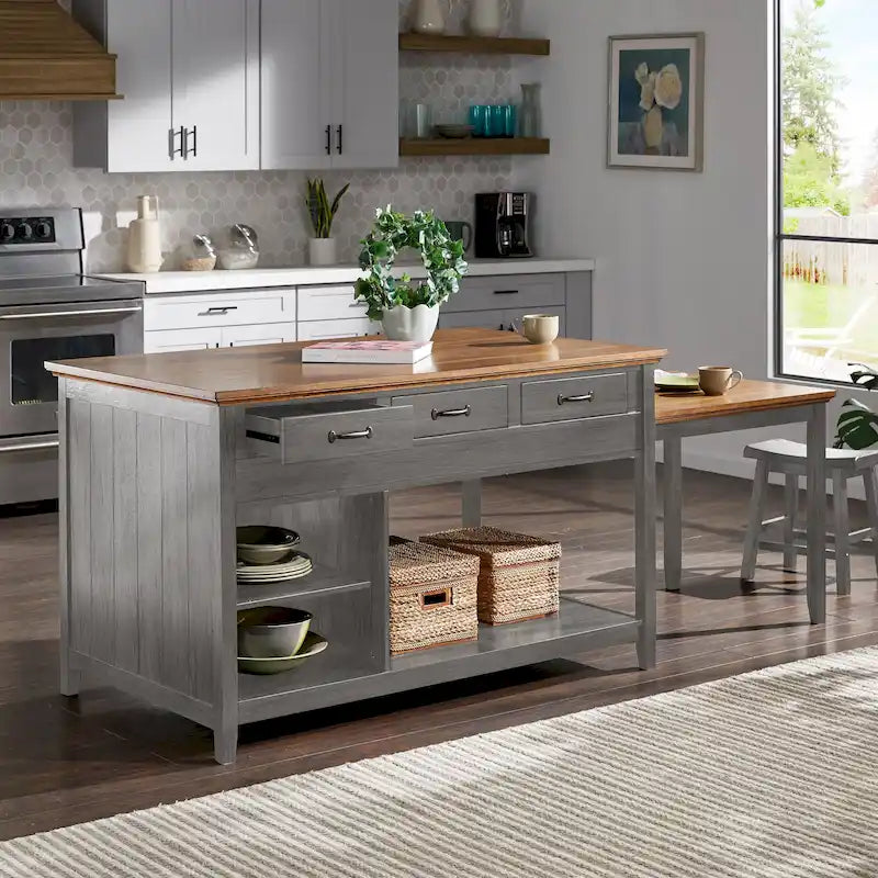 Eleanor Two-Tone Antique Finish Extendable Kitchen Island with 3 Drawers by iNSPIRE Q Classic