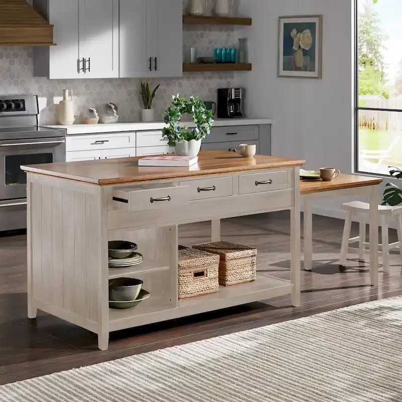Eleanor Two-Tone Antique Finish Extendable Kitchen Island with 3 Drawers by iNSPIRE Q Classic