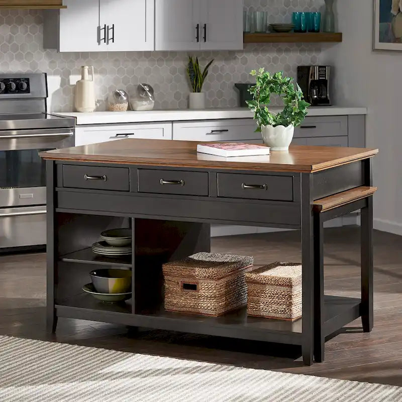 Eleanor Two-Tone Antique Finish Extendable Kitchen Island with 3 Drawers by iNSPIRE Q Classic