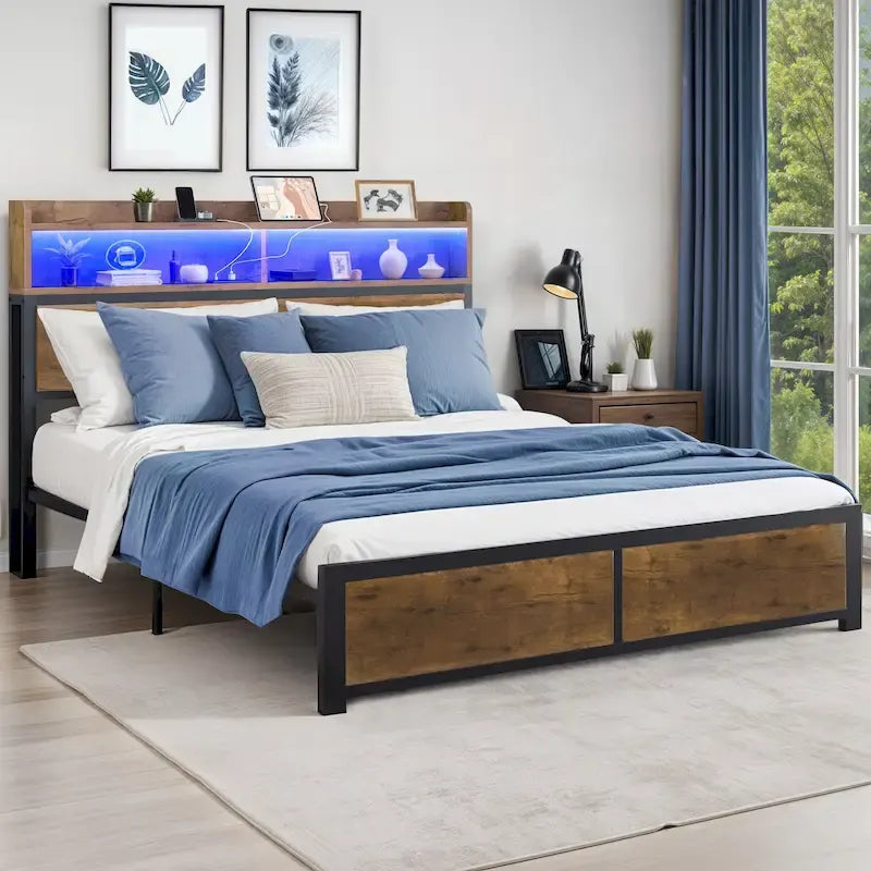 Moasis King Industry Bed Frame Storage Shelves Metal Platform Bed Frame