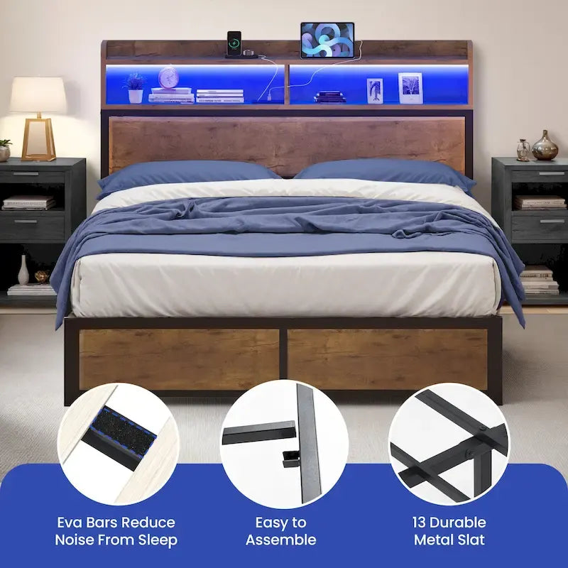 Moasis King Industry Bed Frame Storage Shelves Metal Platform Bed Frame