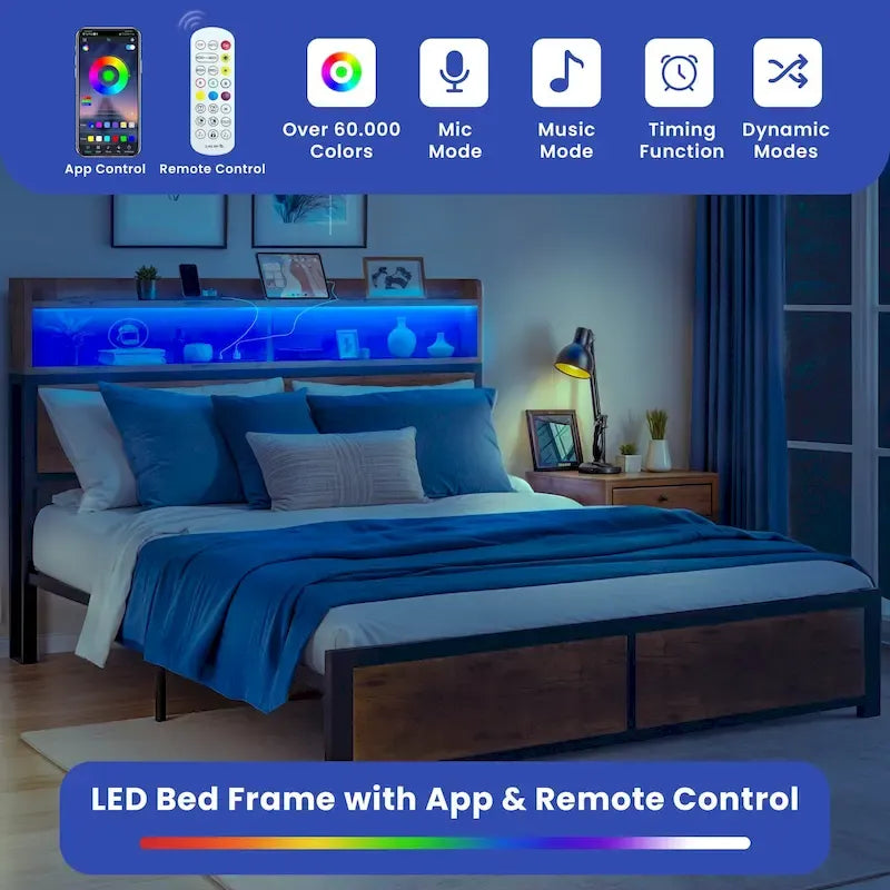 Moasis King Industry Bed Frame Storage Shelves Metal Platform Bed Frame