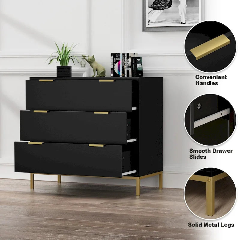 31.5 W 3-Drawer Black Dresser Modern Wood Chest of Drawers Storage Organizer for Bedroom