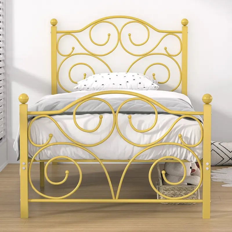 Javlergo Metal Bed Frame with Arched Headboard and Footboard, Heavy Duty Steel Slat Support, No Box Spring Needed