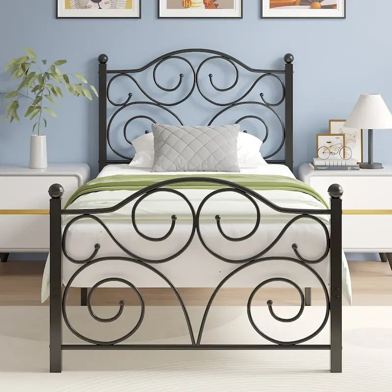 Javlergo Metal Bed Frame with Arched Headboard and Footboard, Heavy Duty Steel Slat Support, No Box Spring Needed