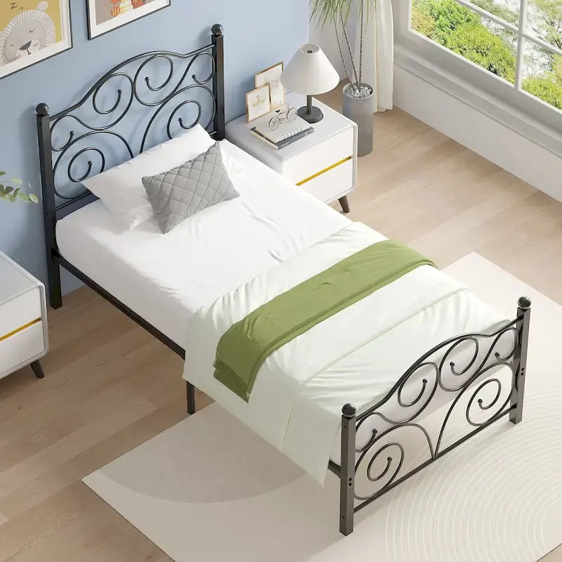 Javlergo Metal Bed Frame with Arched Headboard and Footboard, Heavy Duty Steel Slat Support, No Box Spring Needed