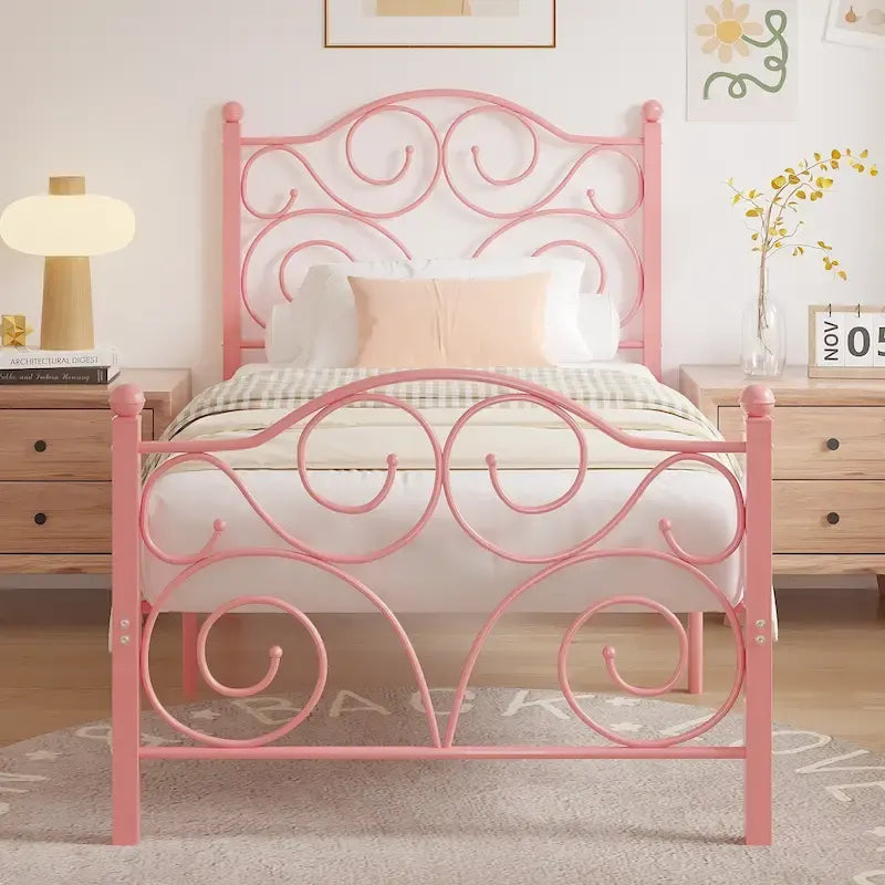 Javlergo Metal Bed Frame with Arched Headboard and Footboard, Heavy Duty Steel Slat Support, No Box Spring Needed