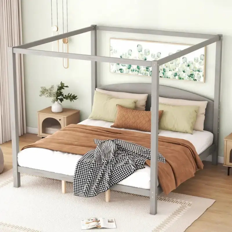King Size Canopy Platform Bed with Headboard and Support Legs