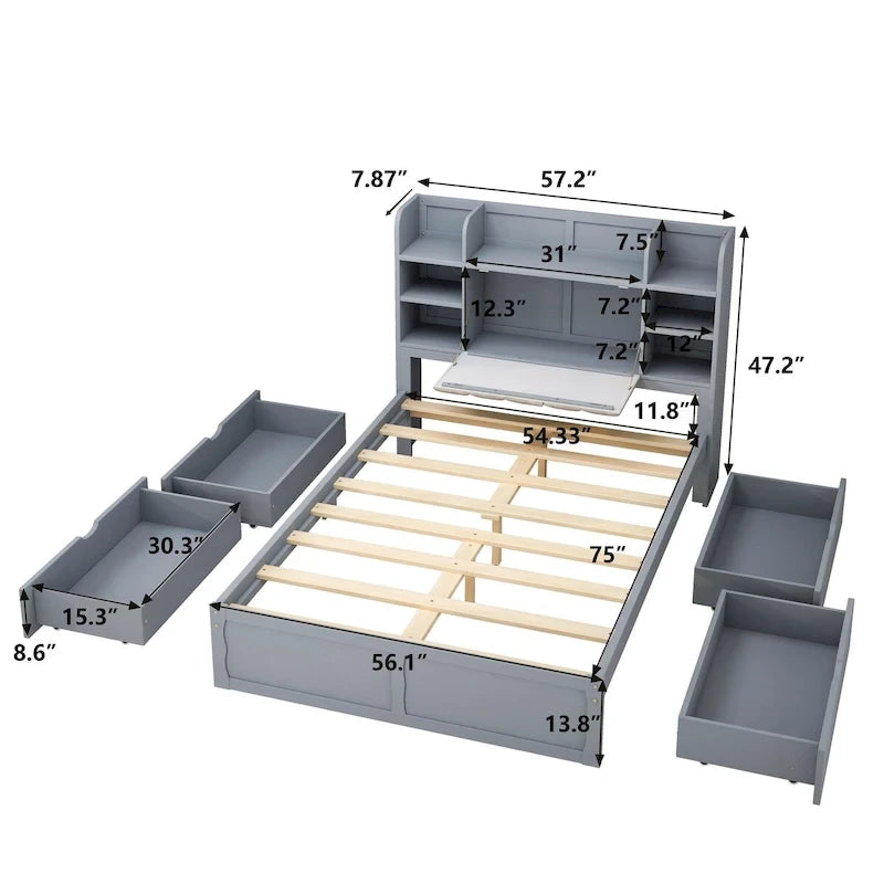 Bed Frame with 4 Under-bed Portable Storage Drawers
