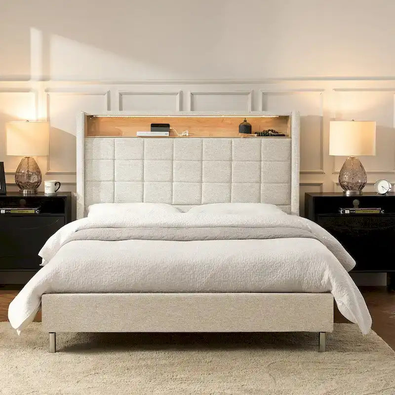Celia Modern 61.5 Geometric Pattern Bed with Storage Headboard and Warm Night Light by HULALA HOME
