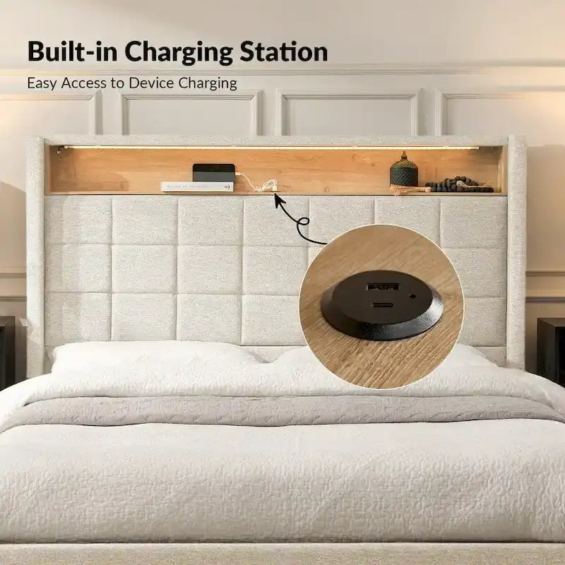 Celia Modern 61.5 Geometric Pattern Bed with Storage Headboard and Warm Night Light by HULALA HOME