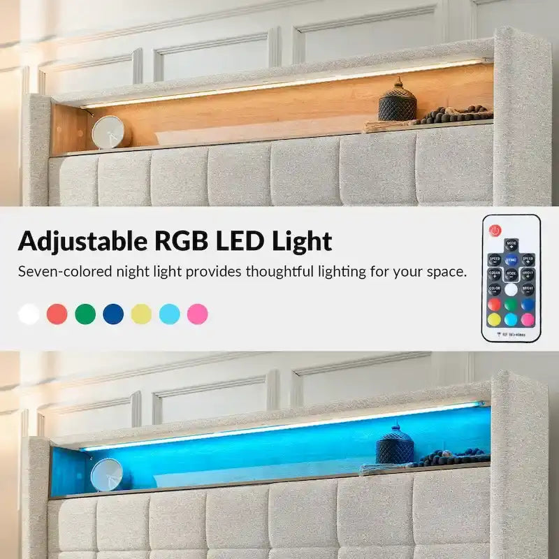 Celia Modern 61.5 Geometric Pattern Bed with Storage Headboard and Warm Night Light by HULALA HOME