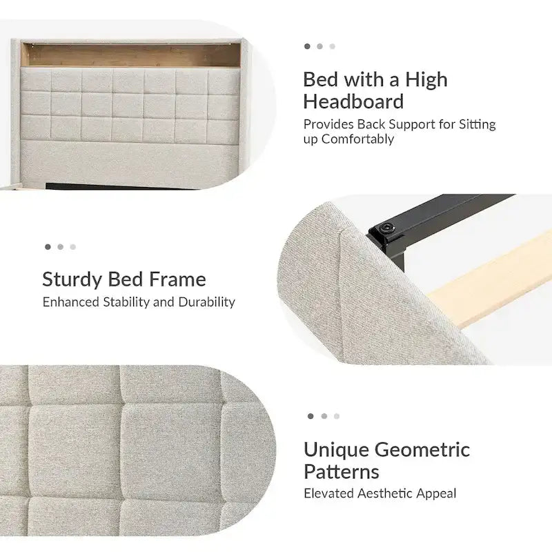 Celia Modern 61.5 Geometric Pattern Bed with Storage Headboard and Warm Night Light by HULALA HOME