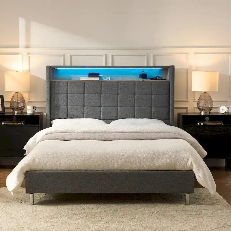 Celia Modern 61.5 Geometric Pattern Bed with Storage Headboard and Warm Night Light by HULALA HOME