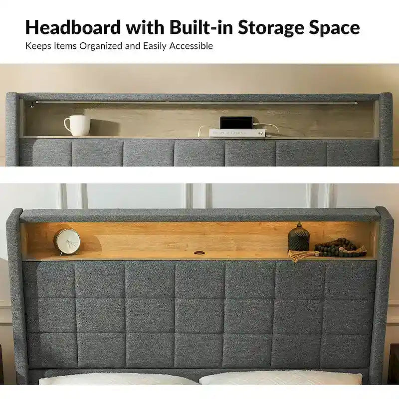 Celia Modern 61.5 Geometric Pattern Bed with Storage Headboard and Warm Night Light by HULALA HOME