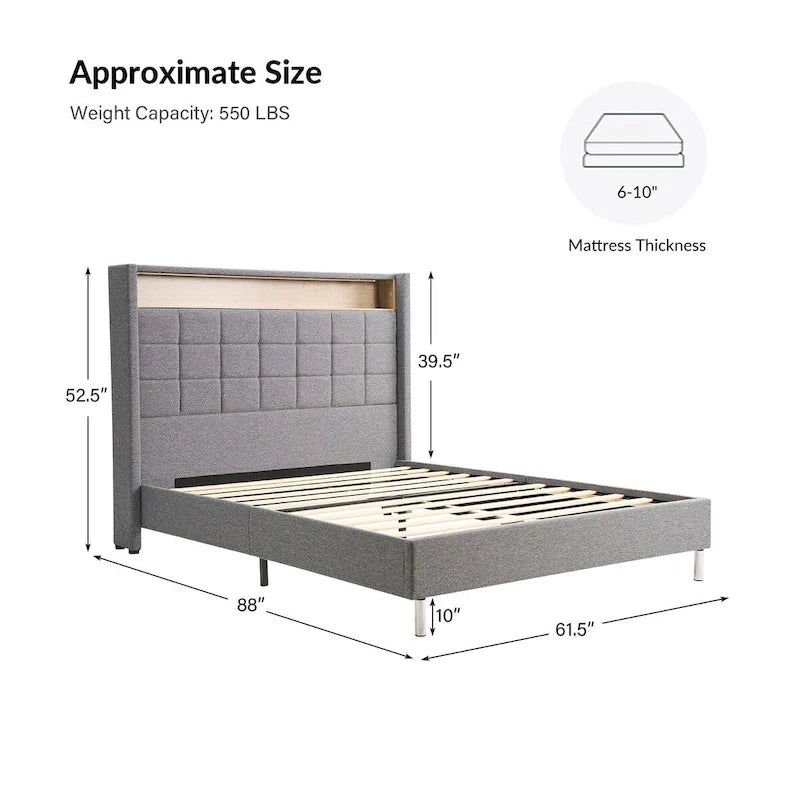 Celia Modern 61.5 Geometric Pattern Bed with Storage Headboard and Warm Night Light by HULALA HOME