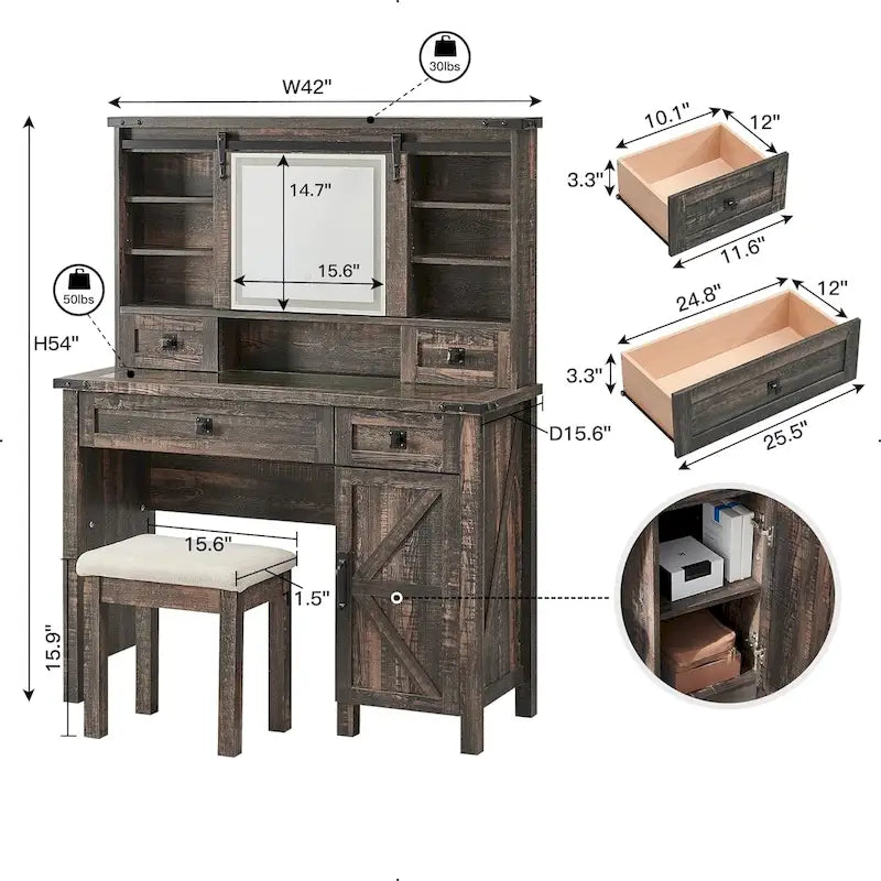 Farmhouse Makeup Vanity Desk, Vanity Table, Vanity Set, Stool Included