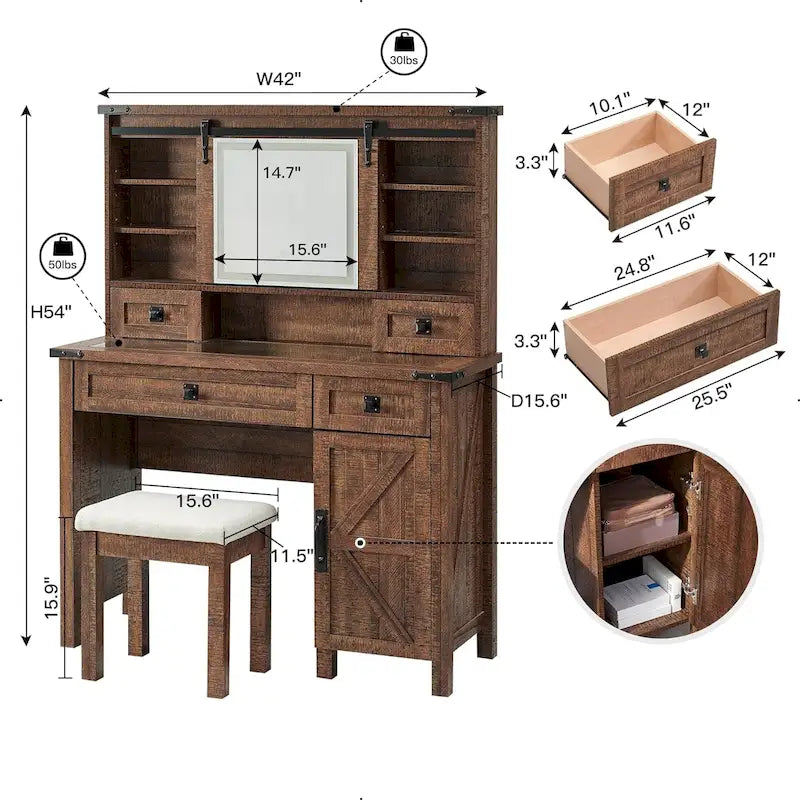 Farmhouse Makeup Vanity Desk, Vanity Table, Vanity Set, Stool Included