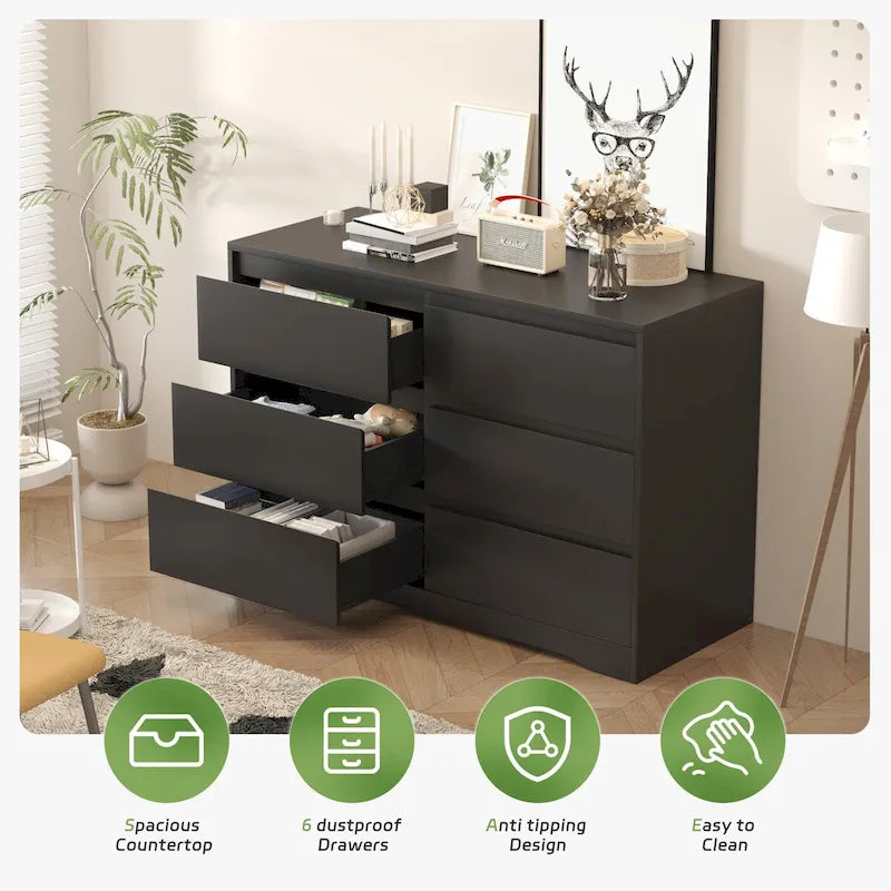 47.2 W 6-Drawer Wooden Bedroom Double Dresser Chest of Drawers